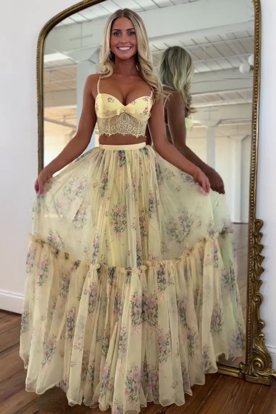 A-line Floral Sweetheart Two Piece Prom Dress