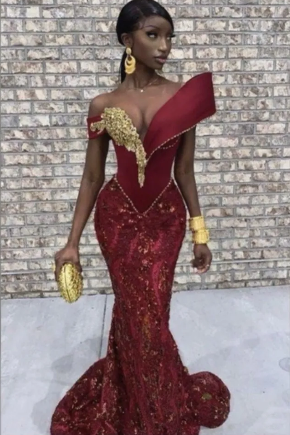 Burgundy Mermaid V-neck Long Tulle Prom Dress with Gold Appliques Lace