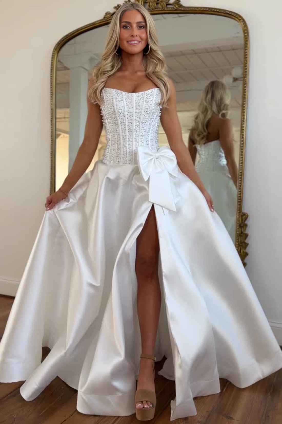 2026 A-line Strapless Long Prom Dress With Pearls