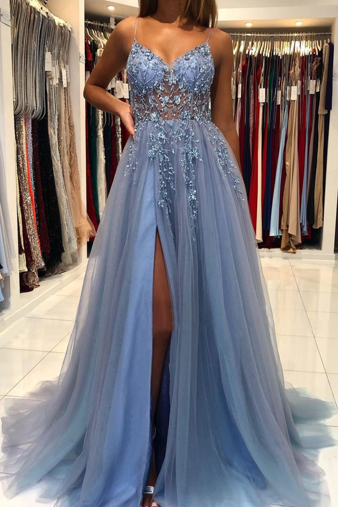 Long A-line V-neck Tulle Formal Prom Dresses with Split
