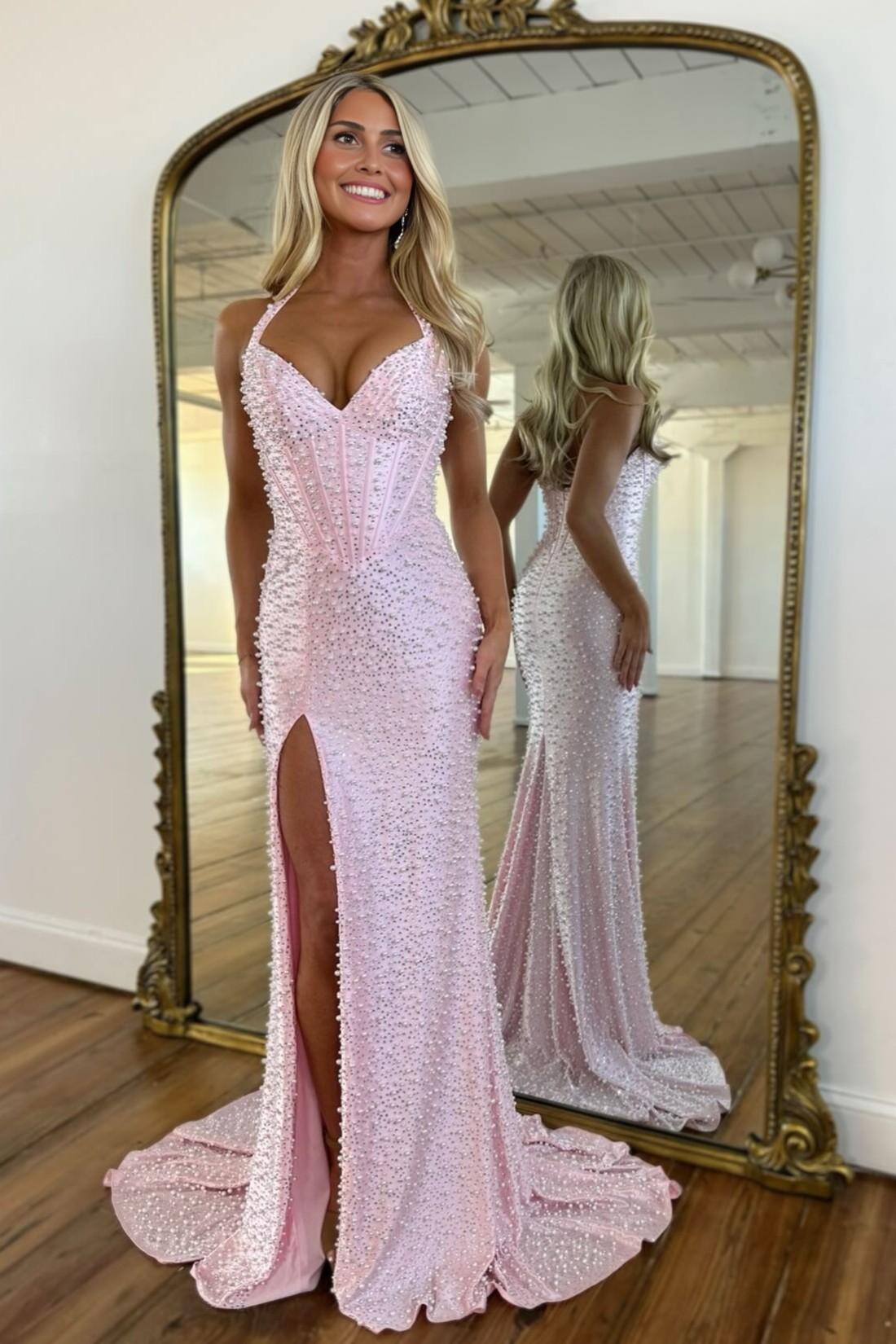 Mermaid Halter Sweetheart Long Prom Dress With Pearls