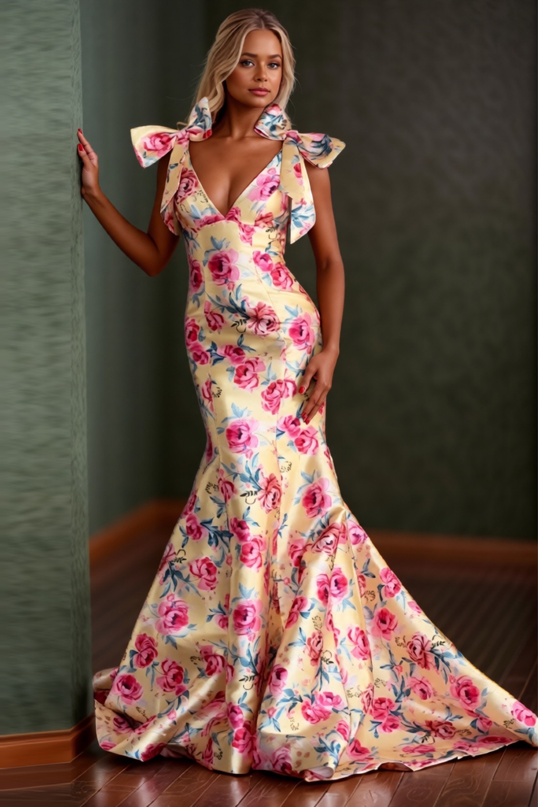 Mermaid Floral Printed Long Prom Dress With Bow