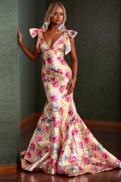 Mermaid Floral Printed Long Prom Dress With Bow