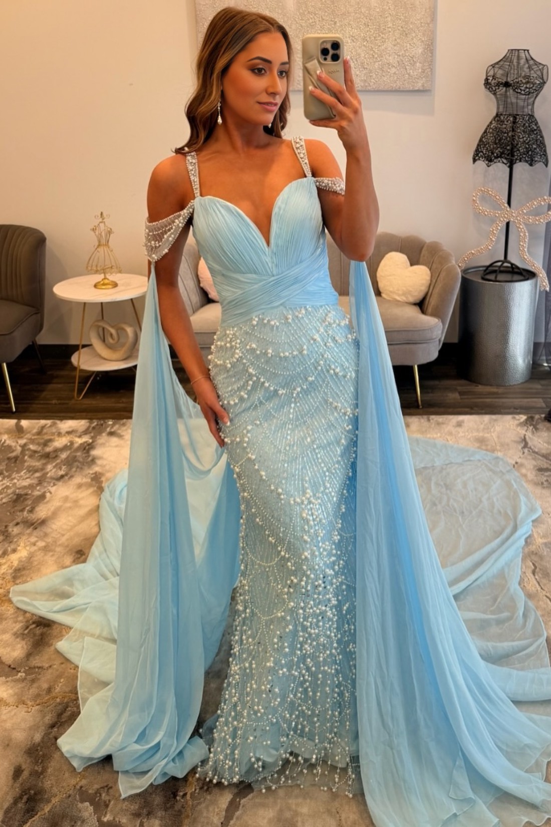 Cloak V Neck Spaghetti Straps Mermaid Long Prom Dress With Pearls