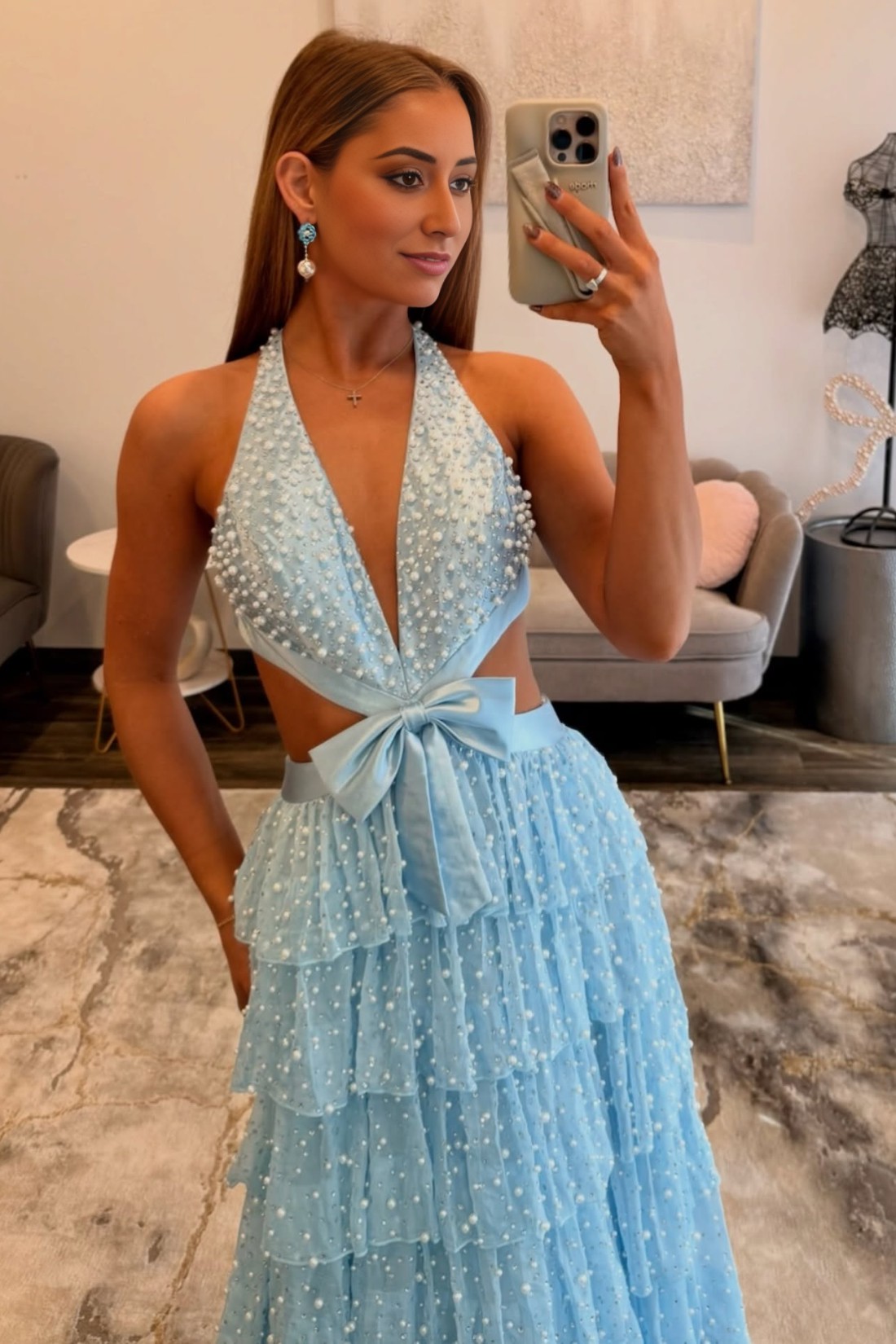 V Neck Pearls Mermaid Long Prom Dress With Ruffles