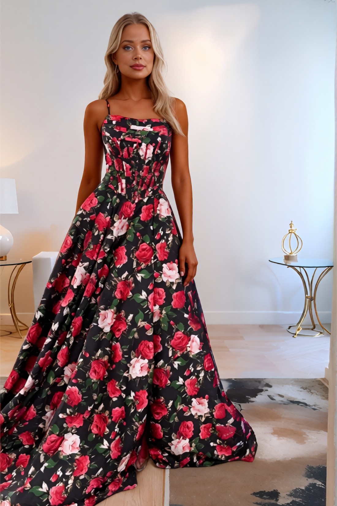 A line Spaghetti Straps Floral Sweep Train Long Prom Dress