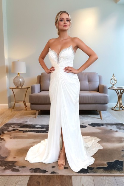 White Swan Strapless Mermaid Long Prom Dress With Slit