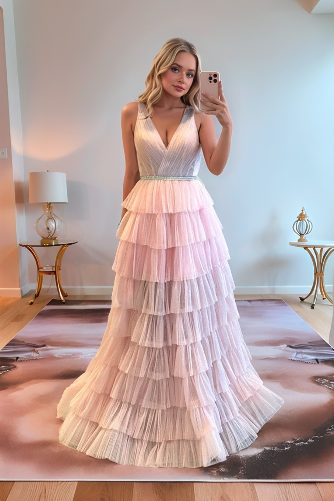 A-Line V Neck Tiered Long Prom Dress