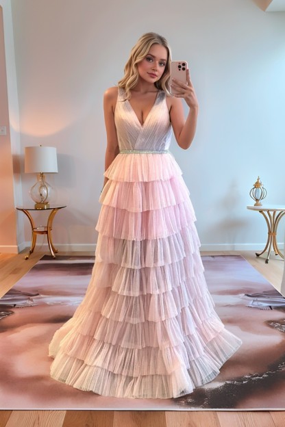 A-Line V Neck Tiered Long Prom Dress