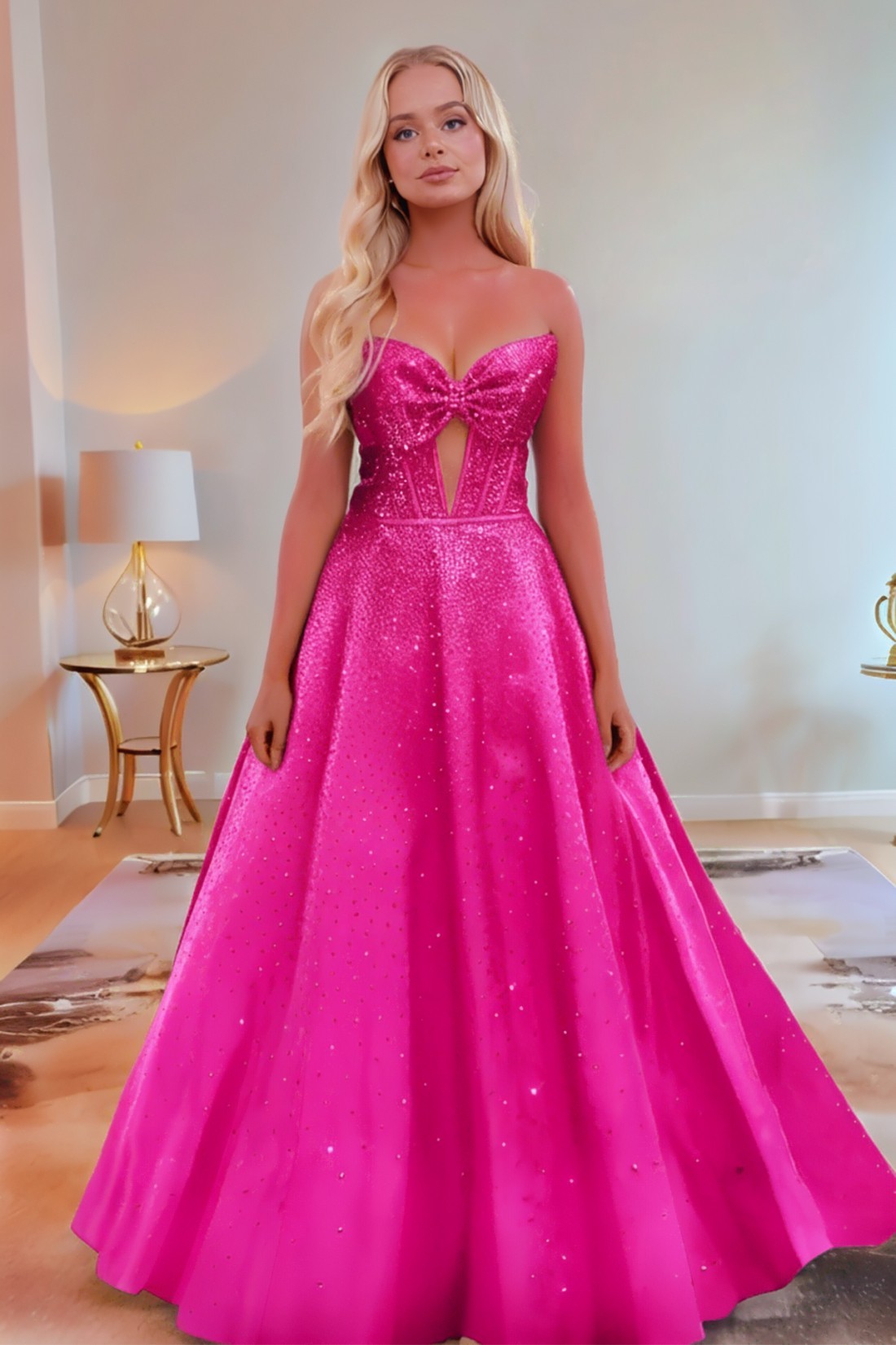 A line Satin Sweetheart Strapless Keyholes Prom Dress With Glitter Beading