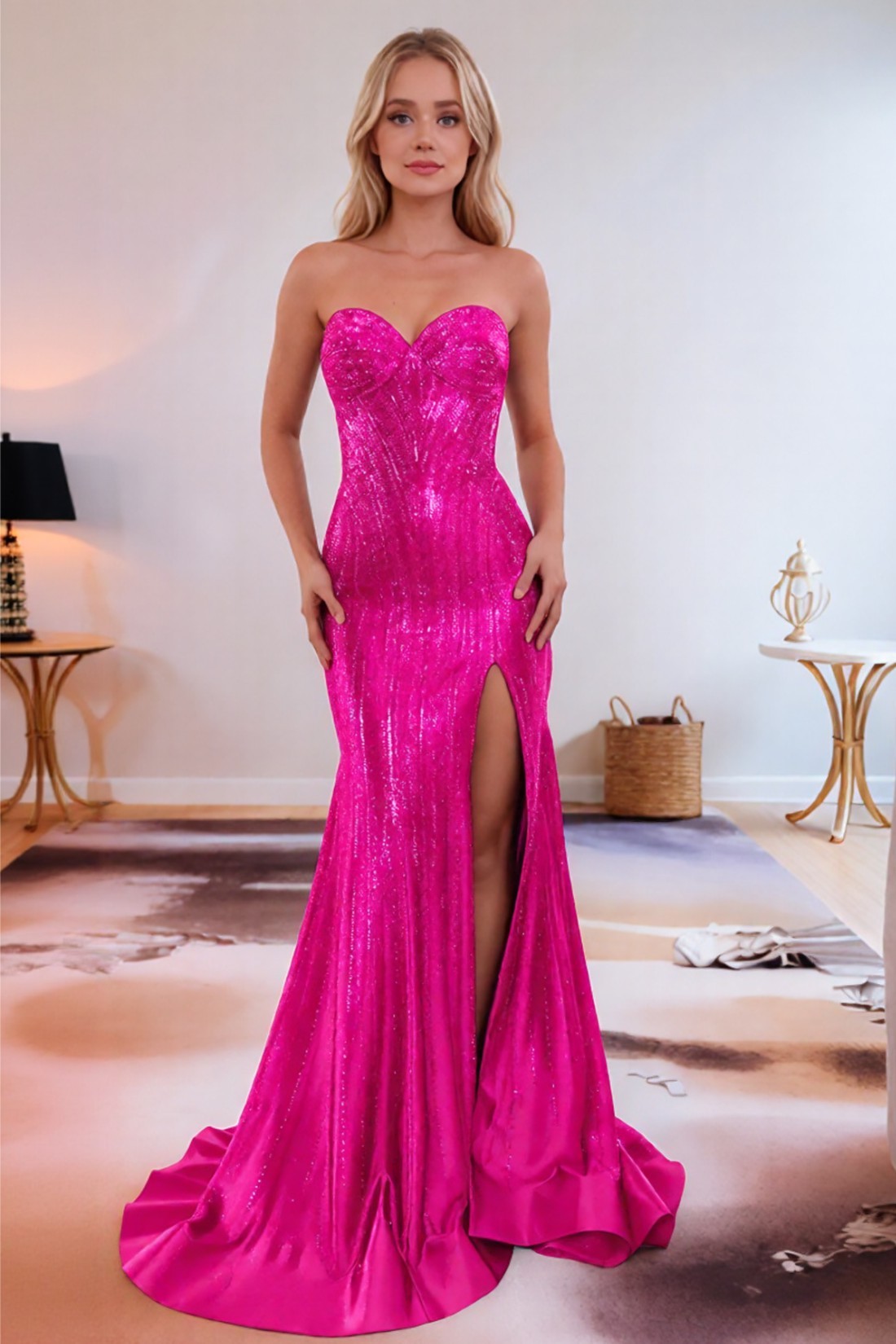 Sweetheart Mermaid Glitter Long Prom Dress WIth Slit