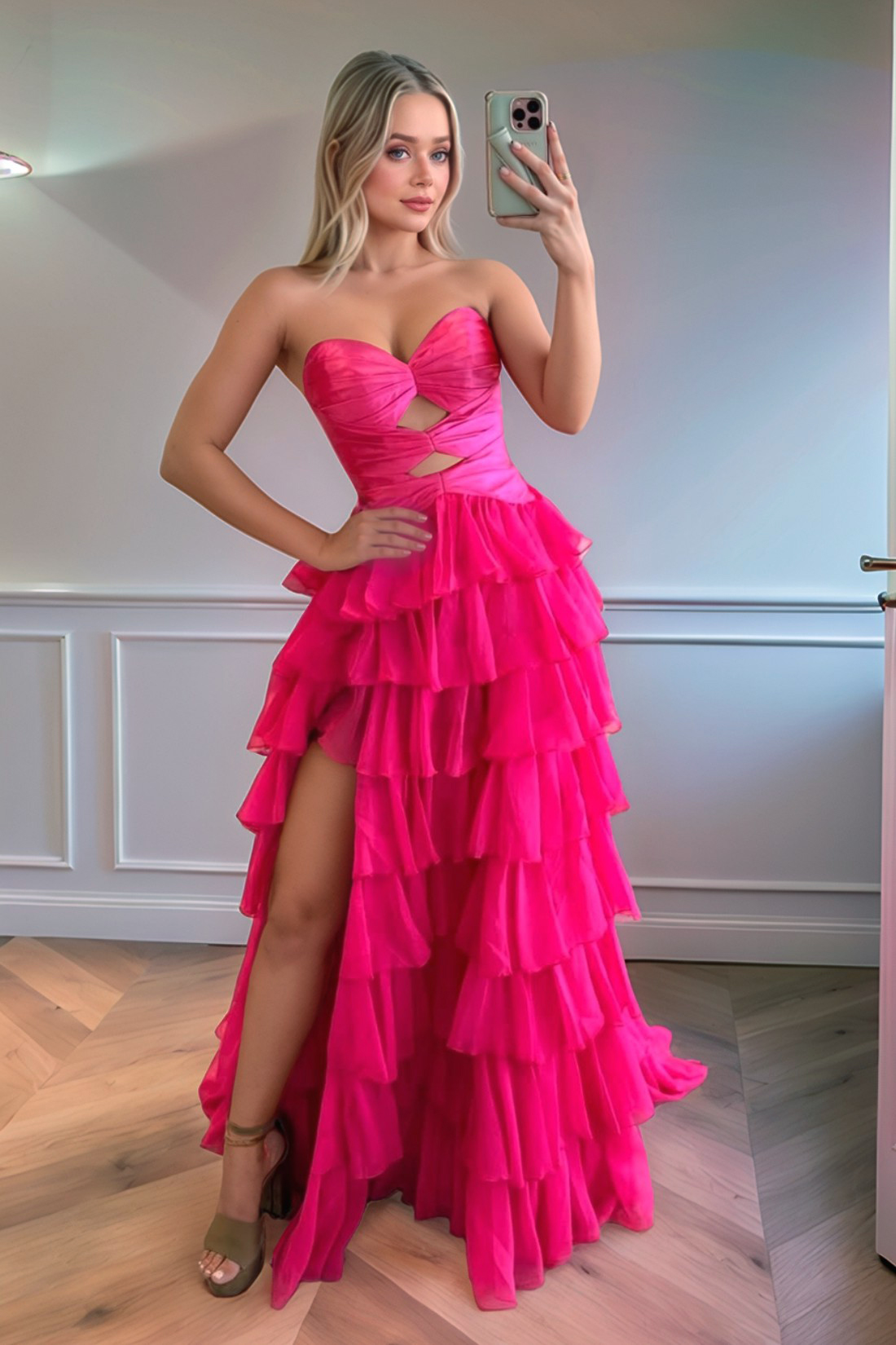 A line Tiered Keyhole Strapless Sweetheart Long Prom Dress