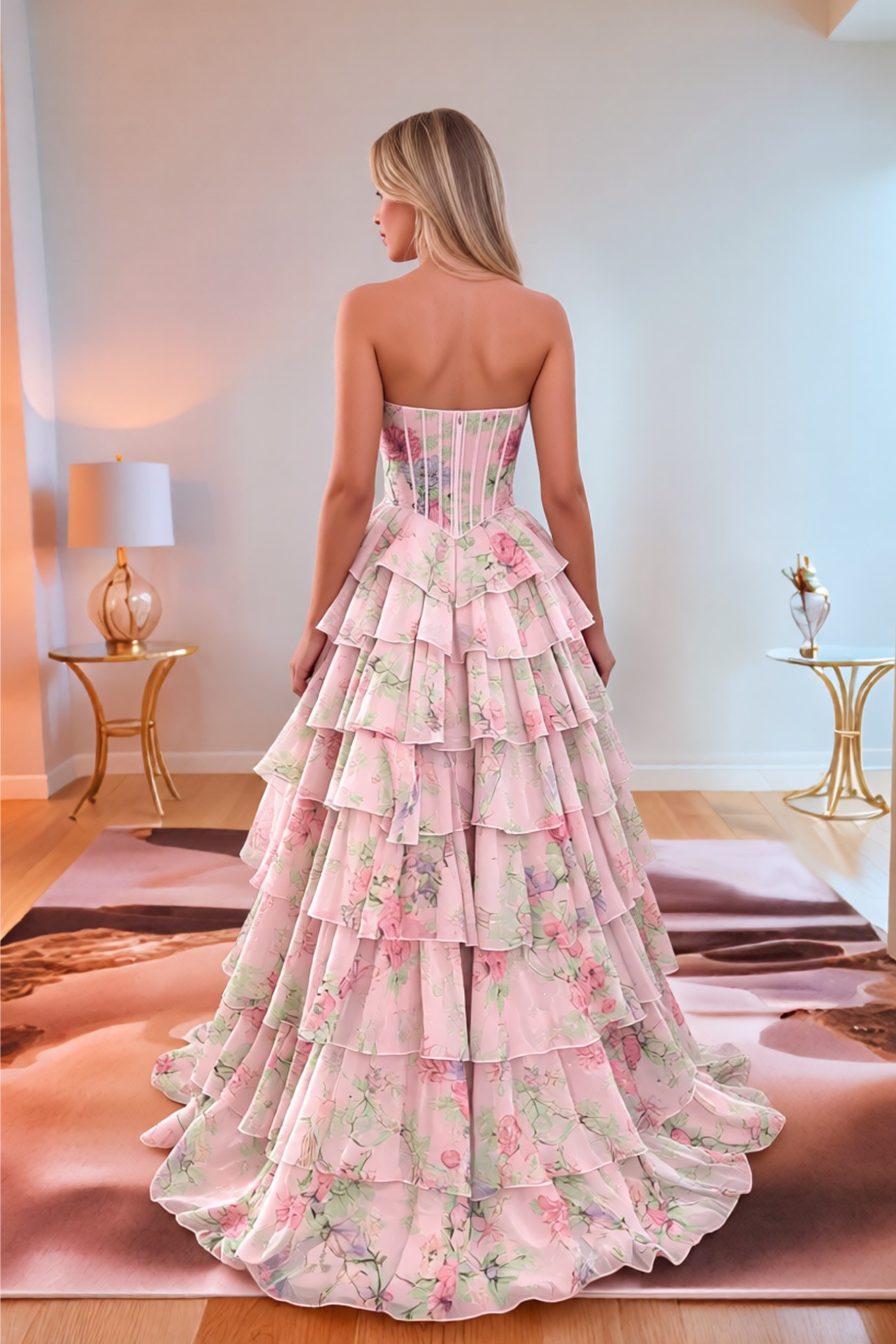 A line Floral Printed Strapless Prom Dress With Slit