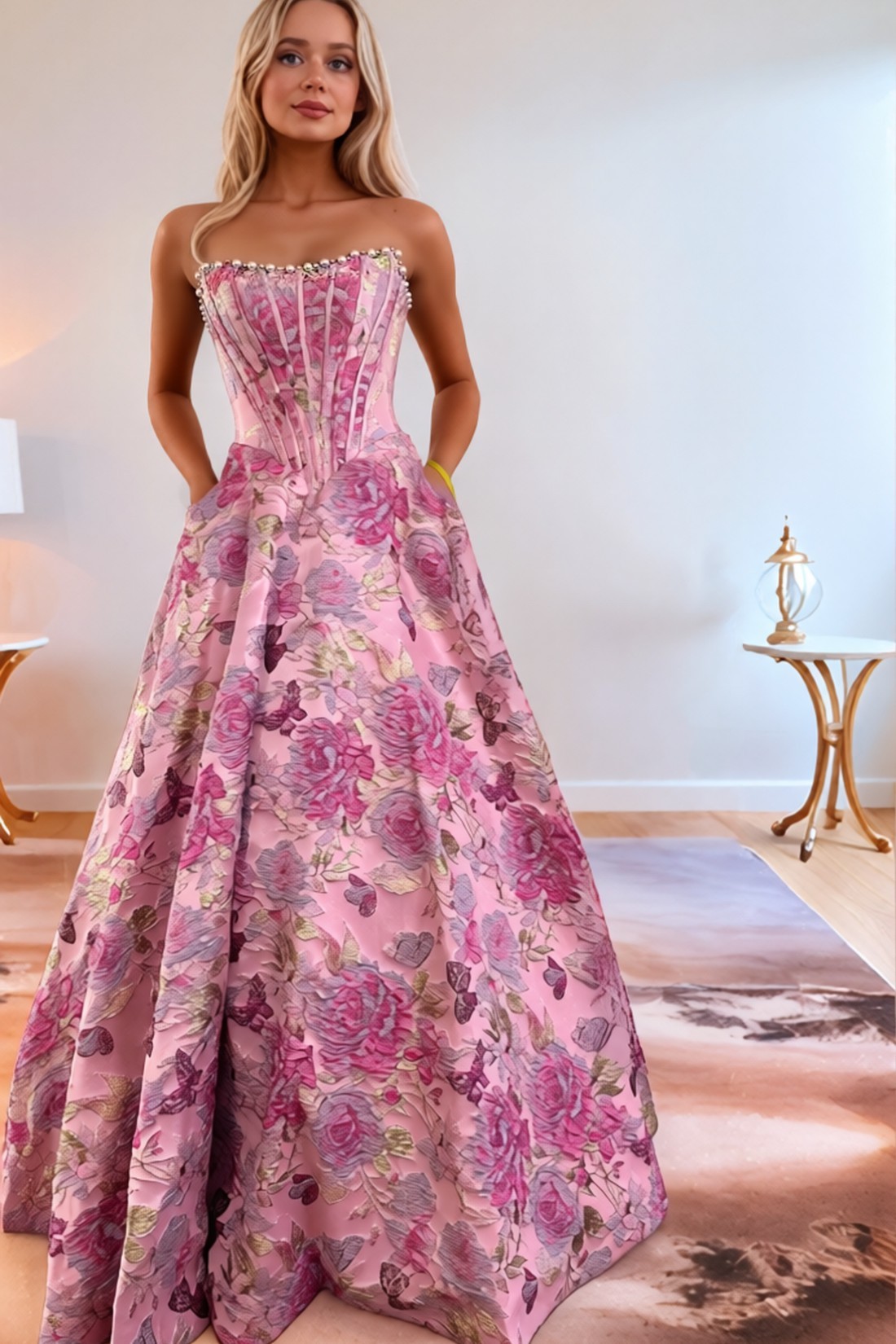 Strapless A line 3D Floral Long Prom Dress