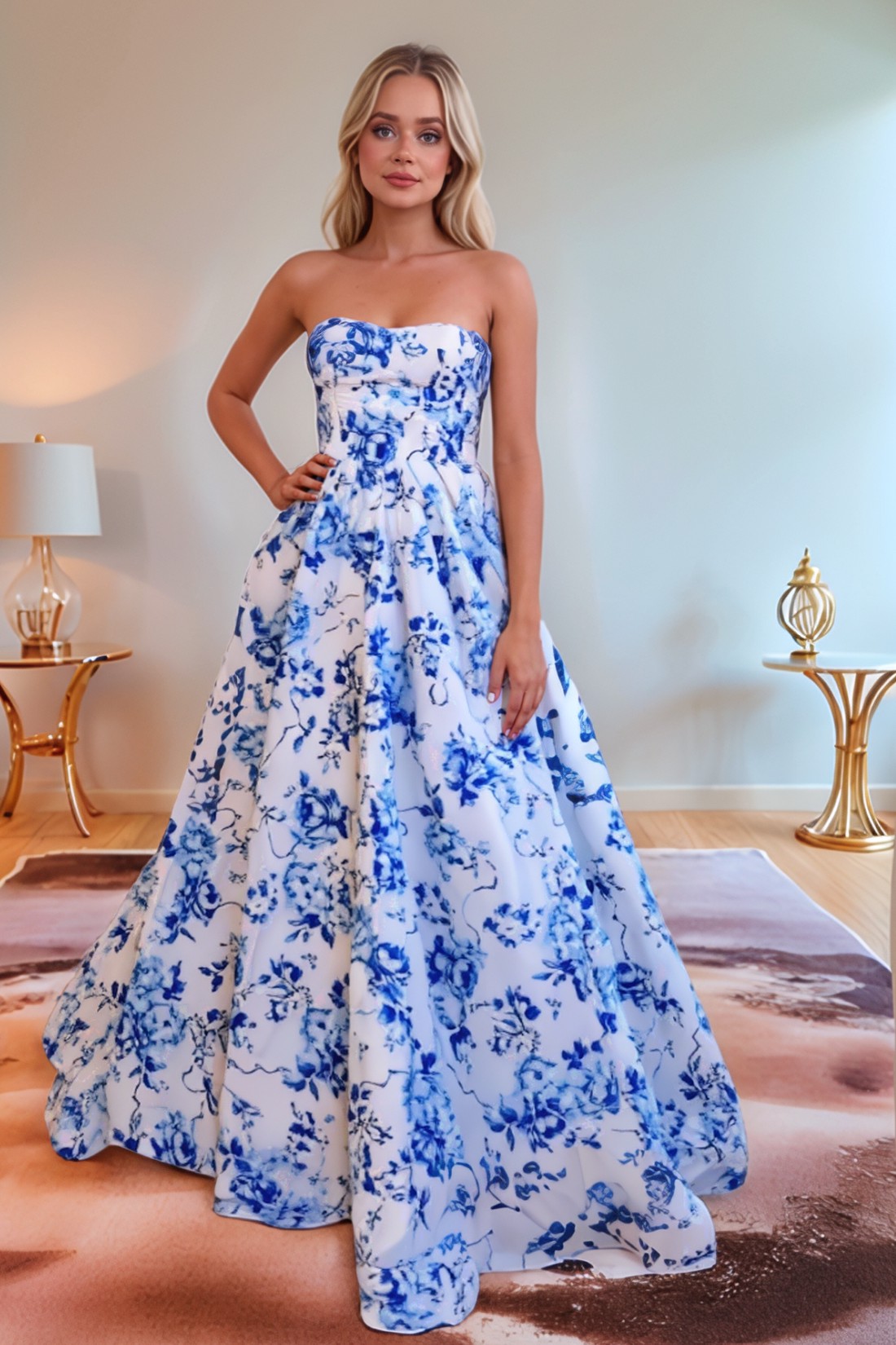 A line Strapless Blue and White Porcelain Long Prom Dress