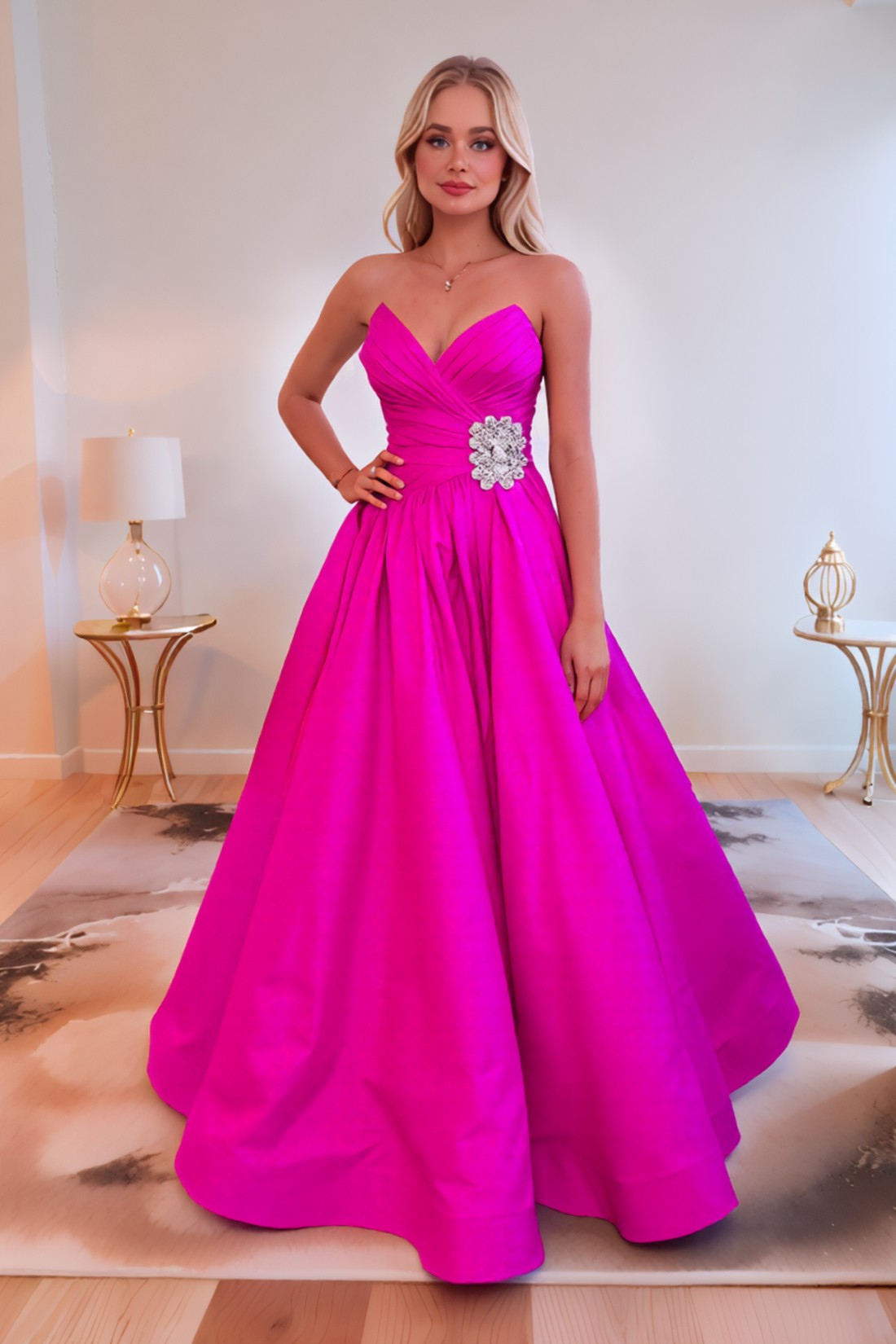 A line Hot Pink Strapless Sweetheart Long Prom Dress