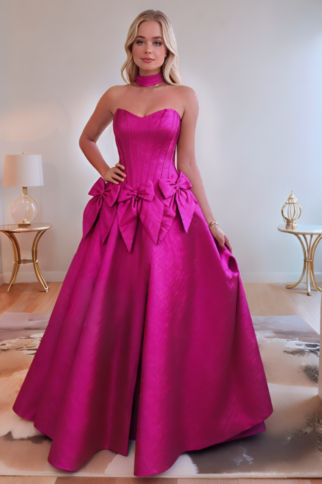 A line Elegant Fuchsin Strapless Sweetheart Long Prom Dress With Bows