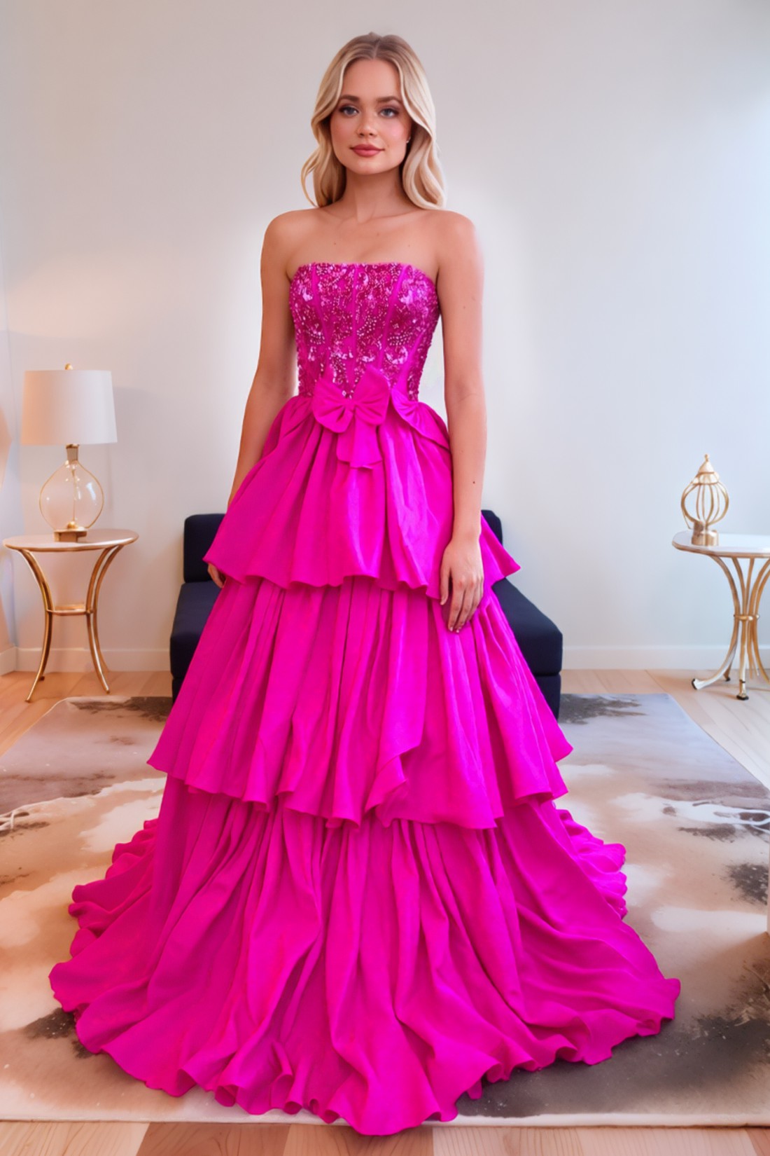 A line Tiered Elegant Hot Pink Strapless Long Prom Dress