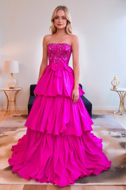 A line Tiered Elegant Hot Pink Strapless Long Prom Dress