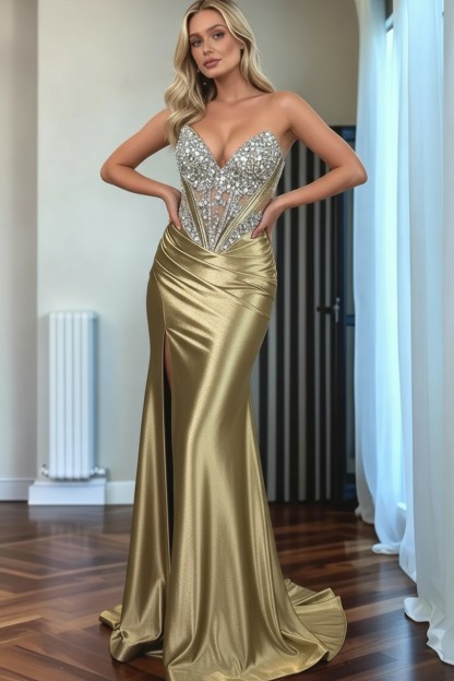 Mermaid Sweep Train Sweetheart Strapless Long Satin Prom Dresses With Beading