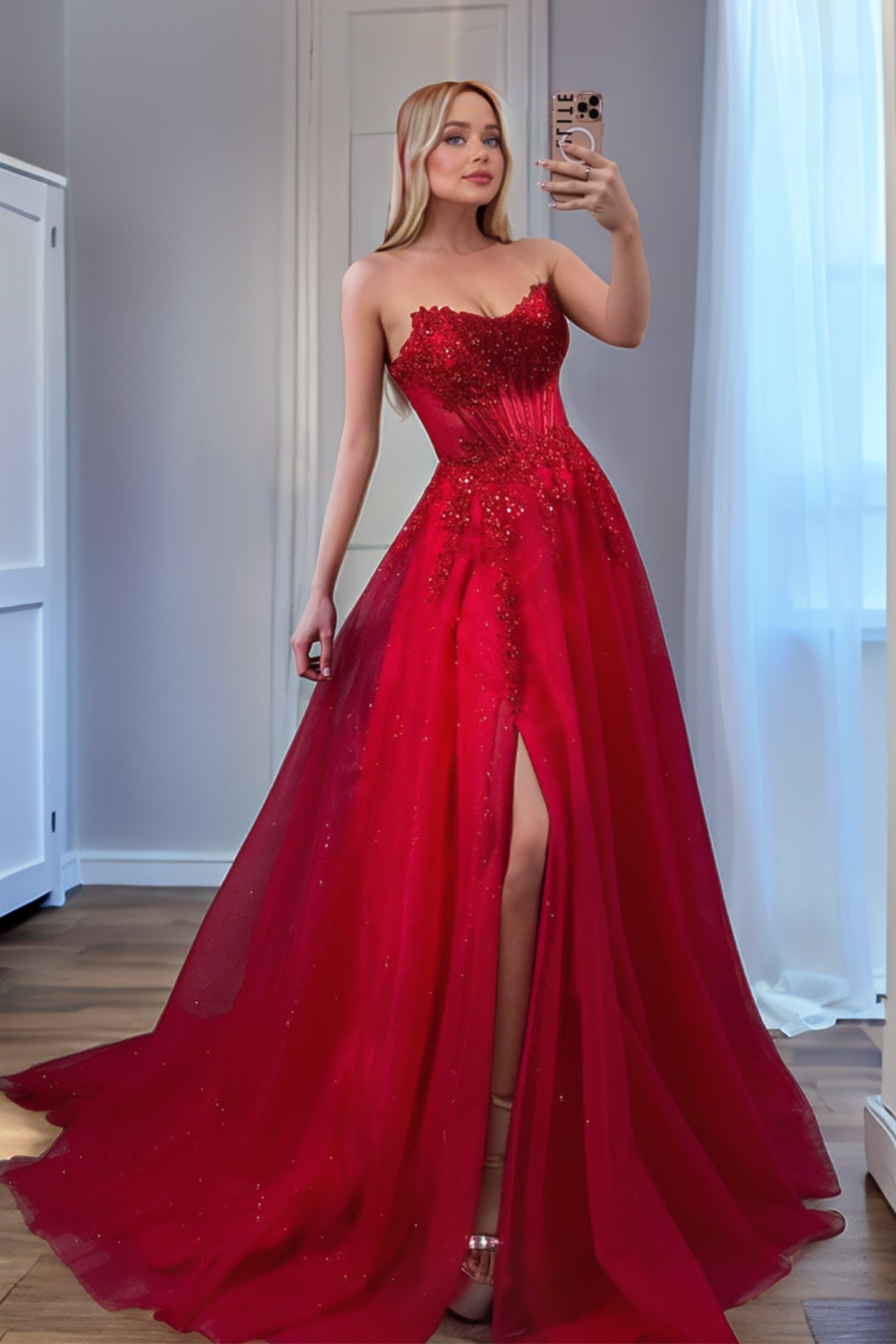 A line Slit Long Sweetheart Strapless Prom Dresses With Appliques
