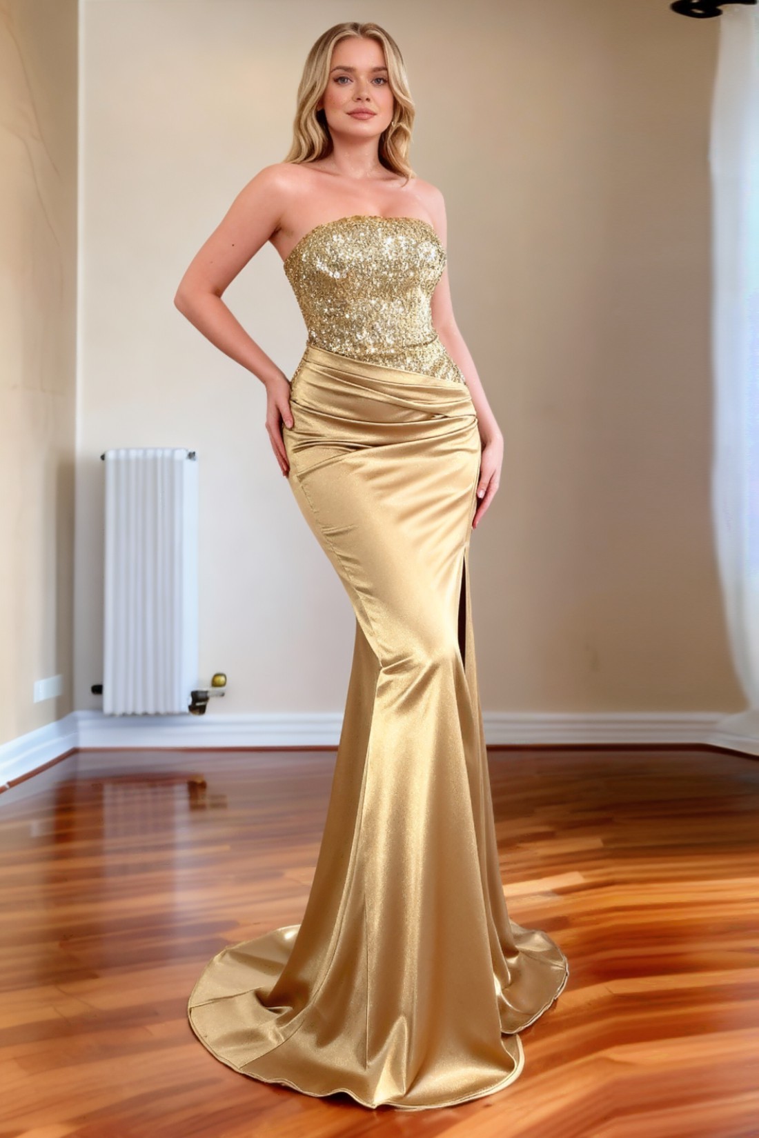 Mermaid Sweep Train Strapless Long Satin Prom Dresses With Sequins