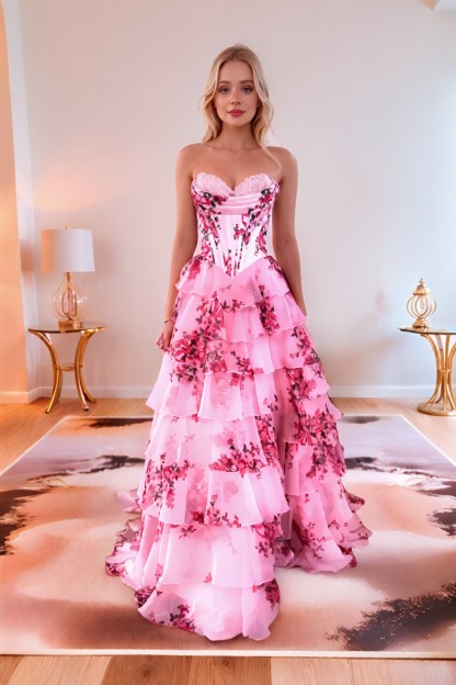 Sweetheart Strapless Silk Chiffon Corset Floral Prom Dress