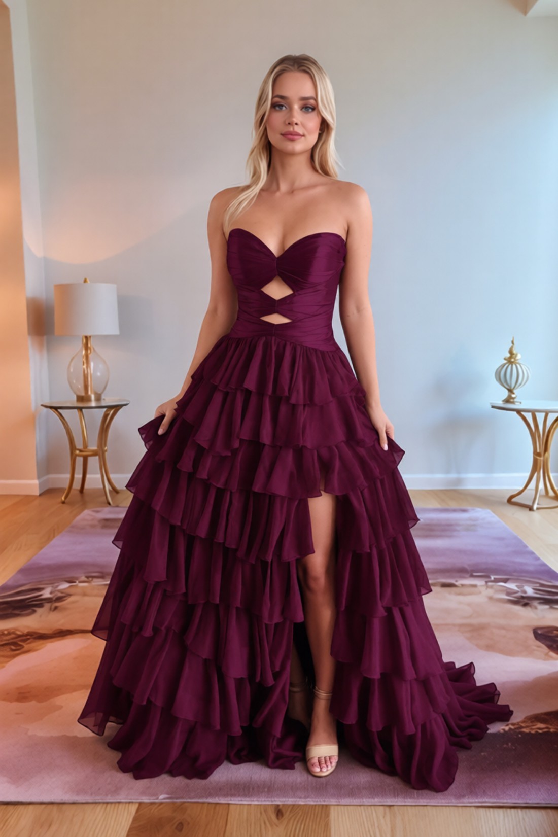 A line Tiered Keyhole Strapless Sweetheart Long Prom Dress