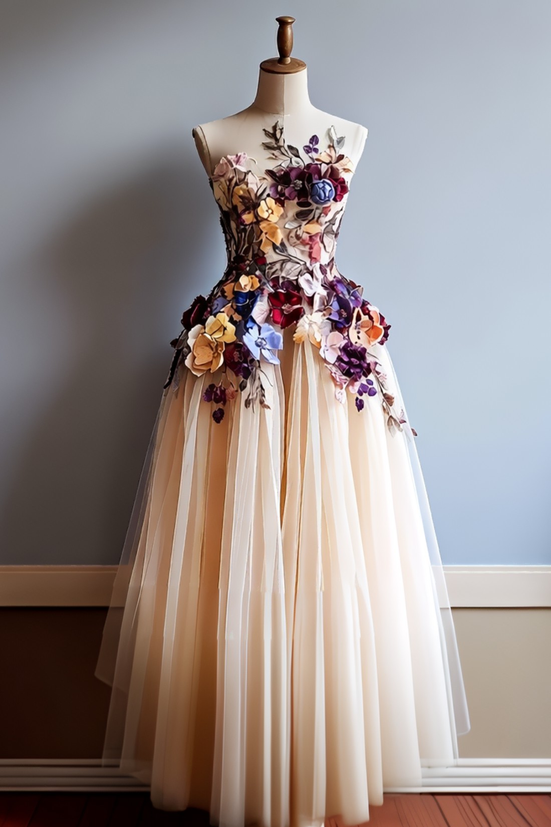 Tulle A line Strapless Prom Dress With Appliques