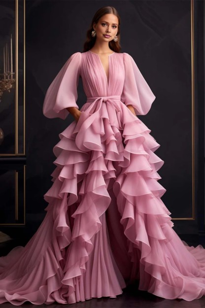 A line Tiered Ruffles V Neck Prom Dress With Long Sleeves