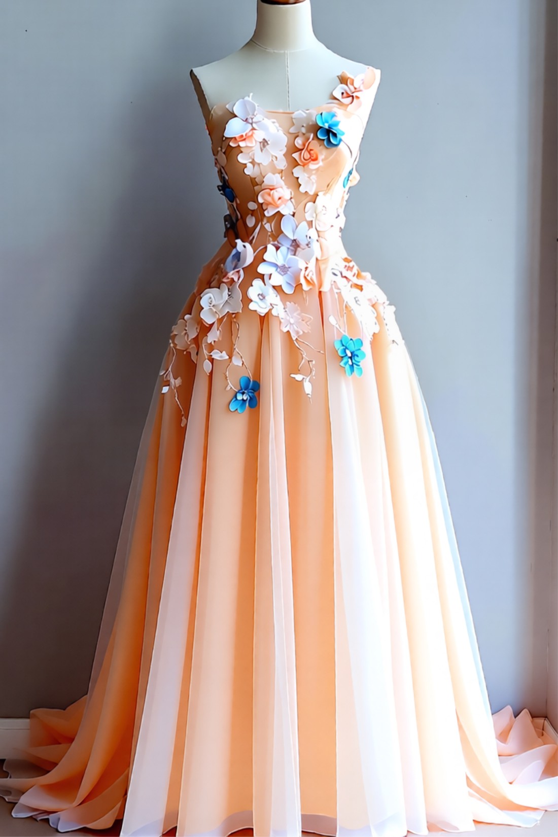 A line Tulle Sweep Train Long Prom Dress With Appliques