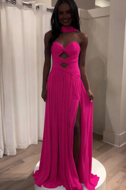 Hot Pink Sweetheart Long Prom Dress With Slit