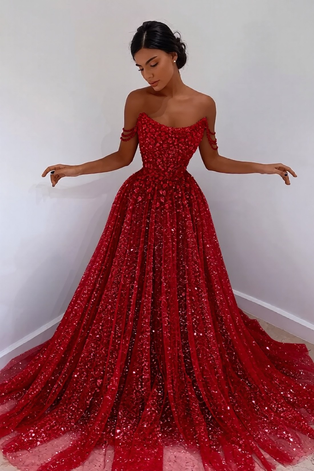 Sparkly Long A-line Sweetheart Sleeveless Sequined Evening Prom Dress