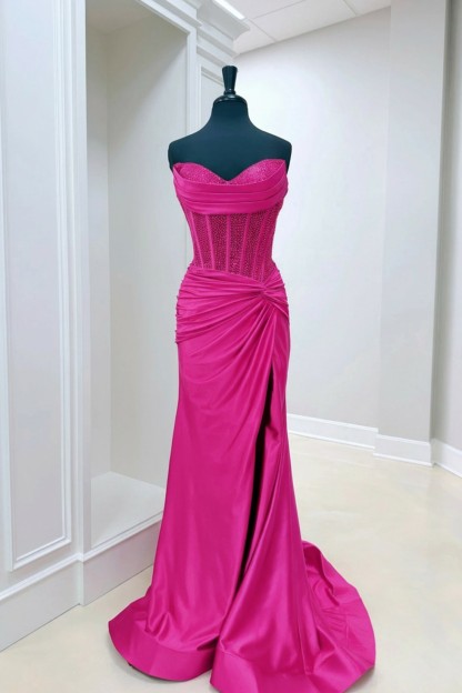 Mermaid Pink Sheath Strapless Sweetheart Long Prom Dress With Beads