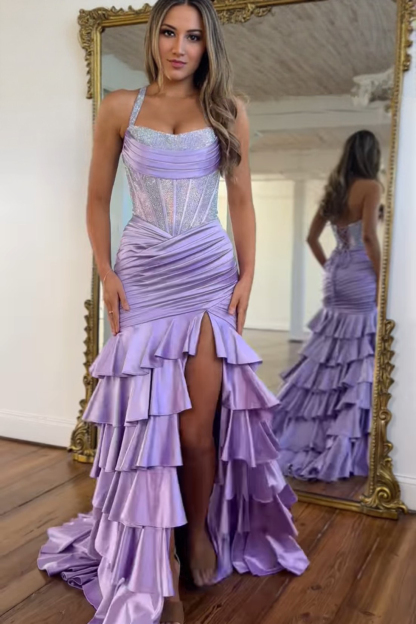 Mermaid Sheath Tiered Halter Long Prom Dress With Beads