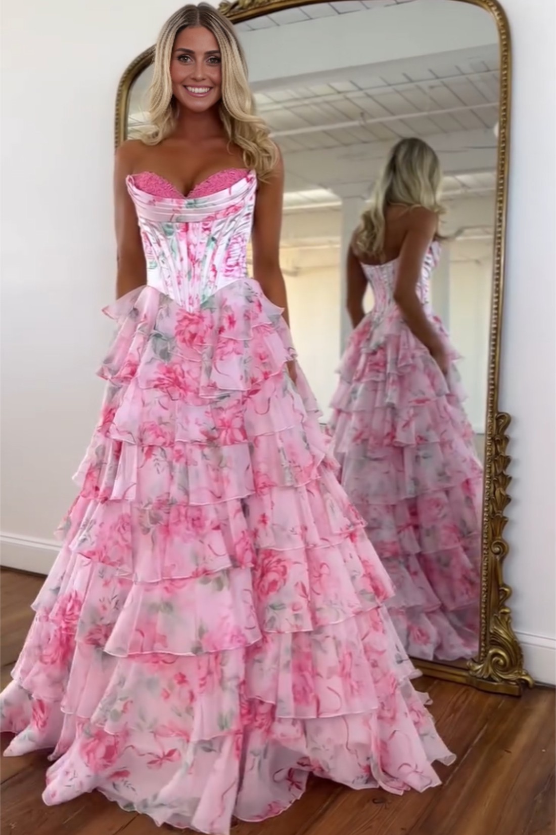 Floral A-line Tiered Strapless Sweetheart Long Prom Dress