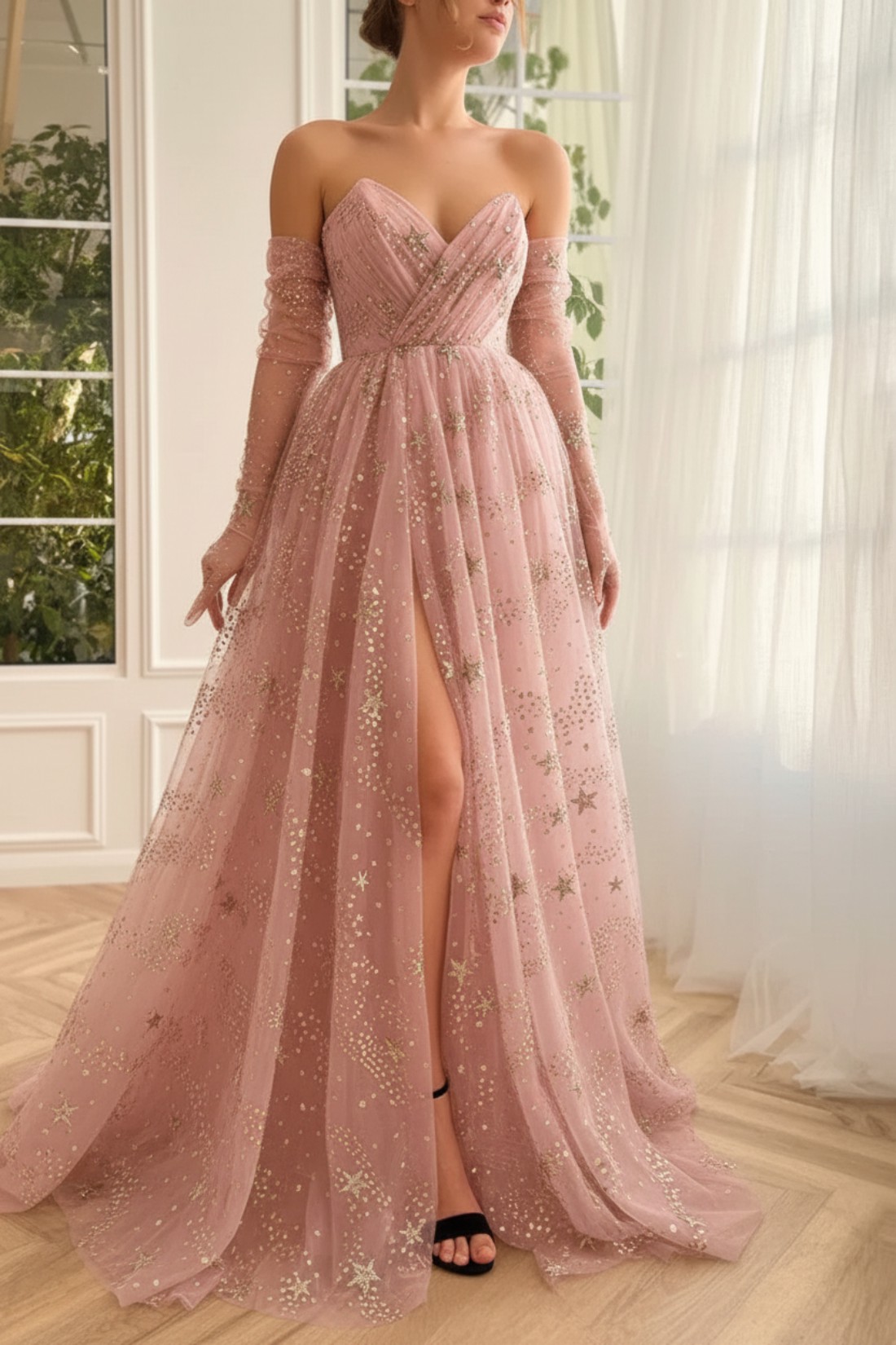 Long A-line V-neck Tulle Formal Prom Dresses with Split Front