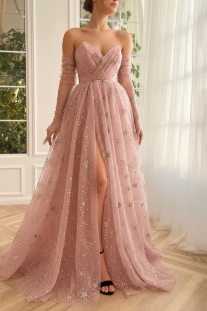 Long A-line V-neck Tulle Formal Prom Dresses with Split Front