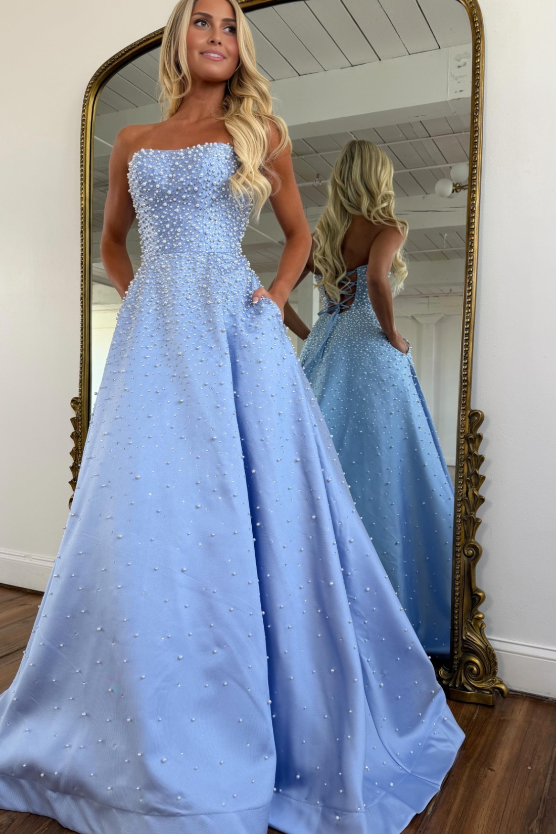 2026 A-line Strapless Sweetheart Long Prom Dress With Pearls