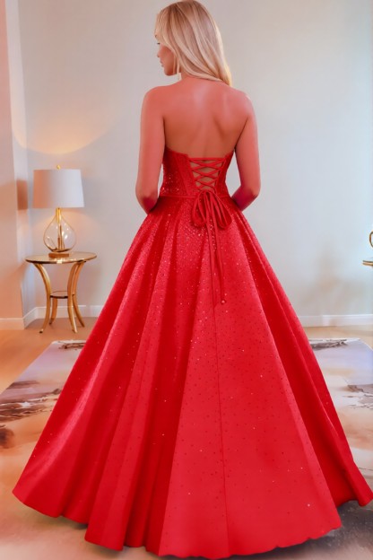 A line Satin Sweetheart Strapless Keyholes Prom Dress With Glitter Beading