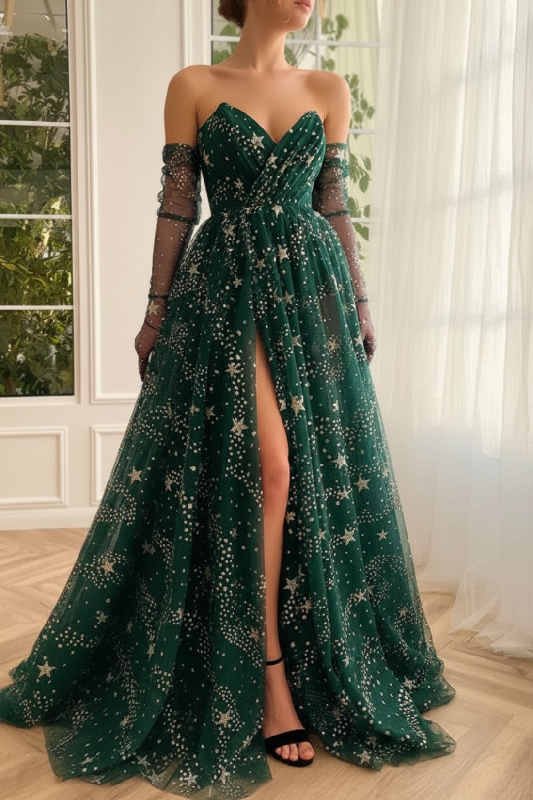 Long A-line V-neck Tulle Formal Prom Dresses with Split Front