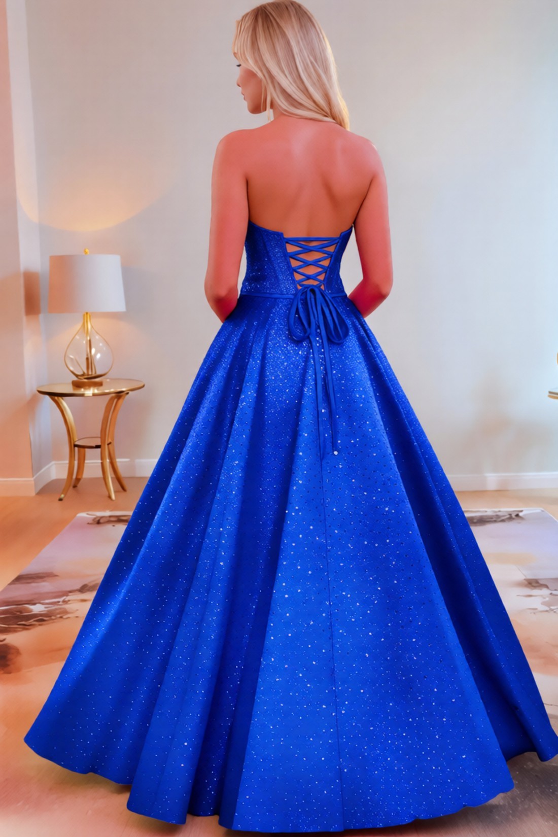 A line Satin Sweetheart Strapless Keyholes Prom Dress With Glitter Beading