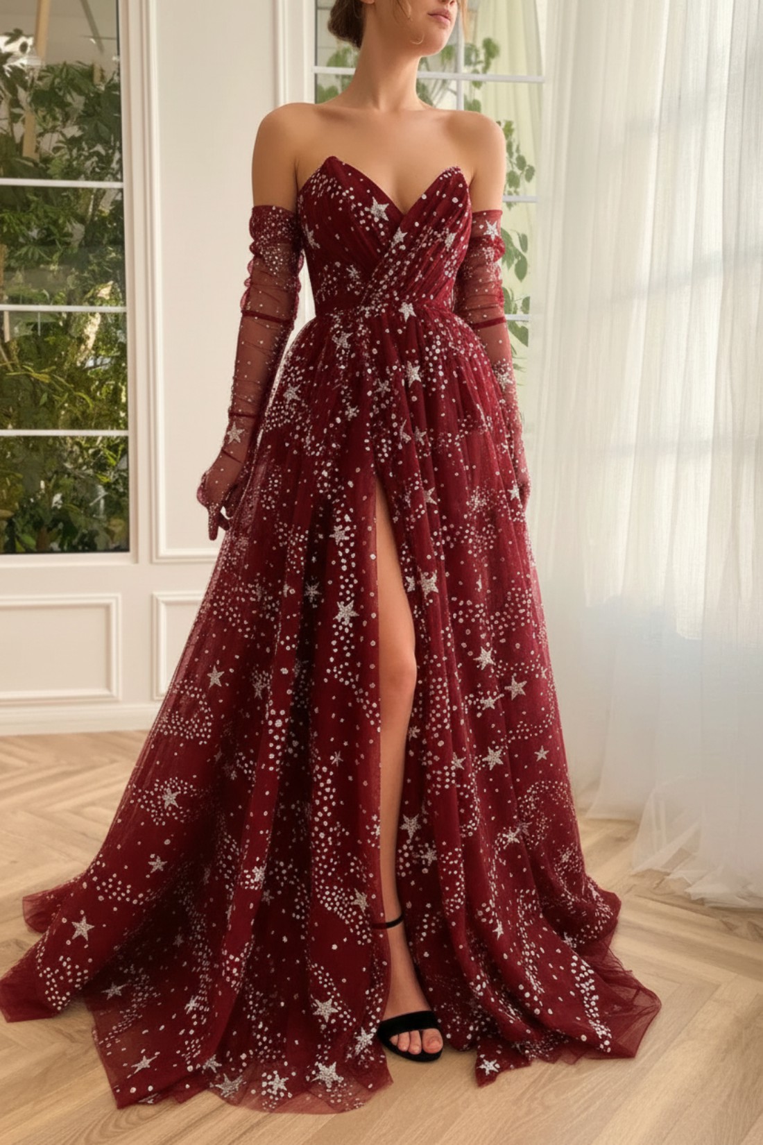 Long A-line V-neck Tulle Formal Prom Dresses with Split Front