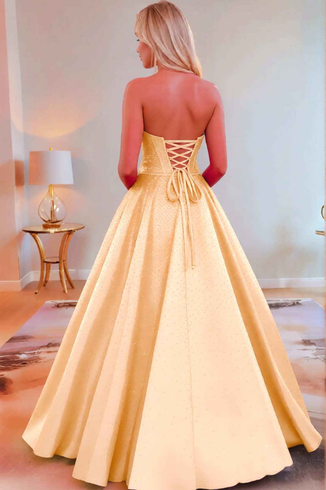 A line Satin Sweetheart Strapless Keyholes Prom Dress With Glitter Beading