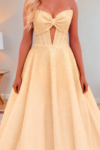 A line Satin Sweetheart Strapless Keyholes Prom Dress With Glitter Beading