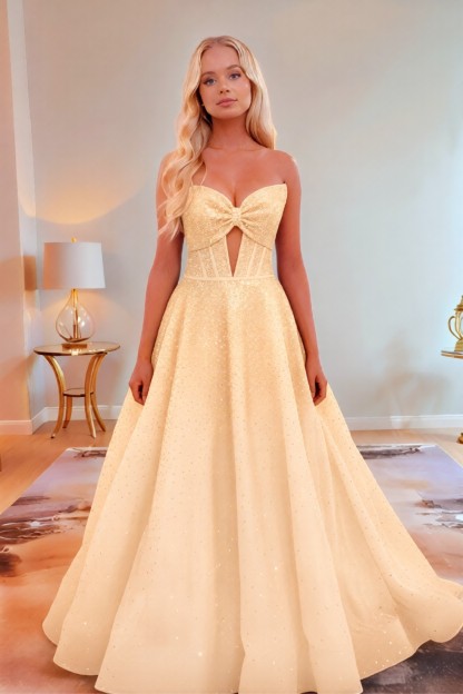 A line Satin Sweetheart Strapless Keyholes Prom Dress With Glitter Beading