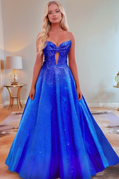 A line Satin Sweetheart Strapless Keyhole Prom Dress With Glitter Beading