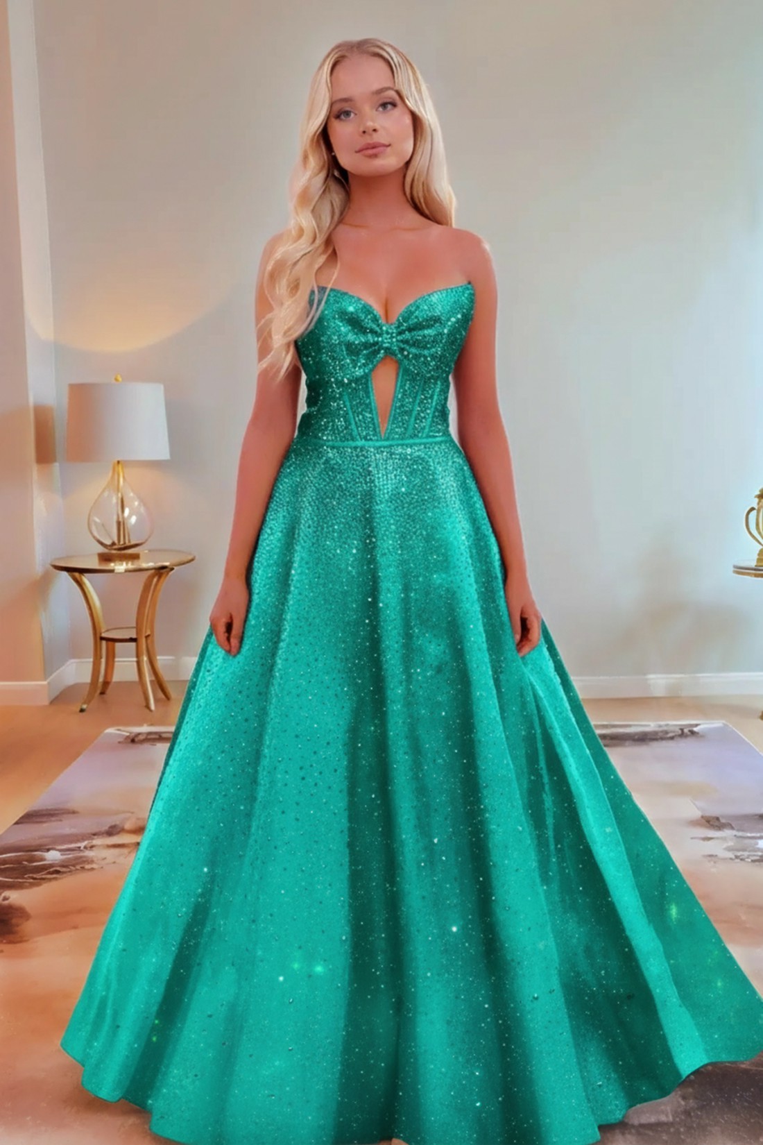 A line Satin Sweetheart Strapless Keyhole Prom Dress With Glitter Beading