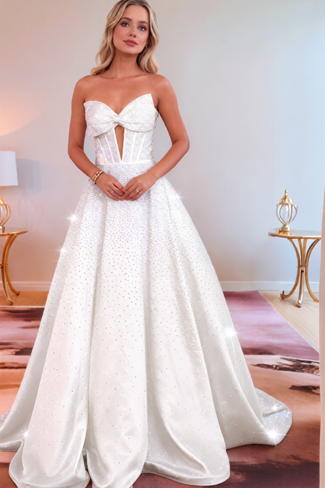 A line Satin Sweetheart Strapless Keyhole Prom Dress With Glitter Beading