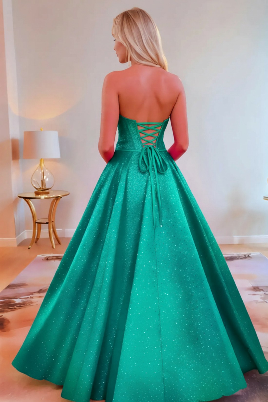 A line Satin Sweetheart Strapless Keyhole Prom Dress With Glitter Beading